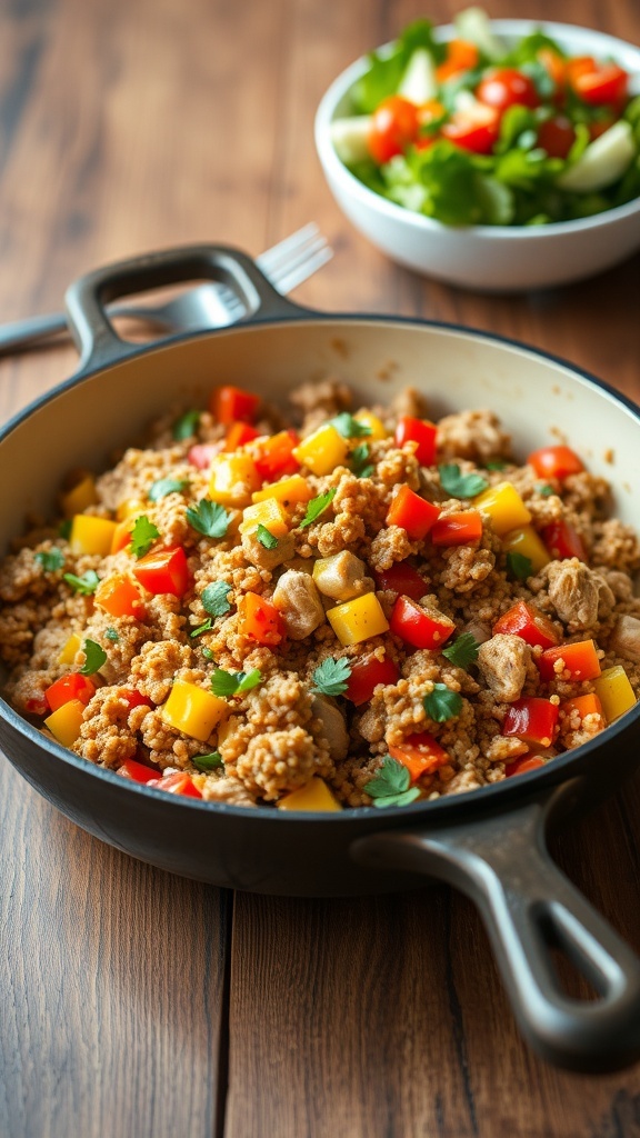 A healthy ground chicken quinoa skillet with bell peppers and parsley, served in a rustic skillet.